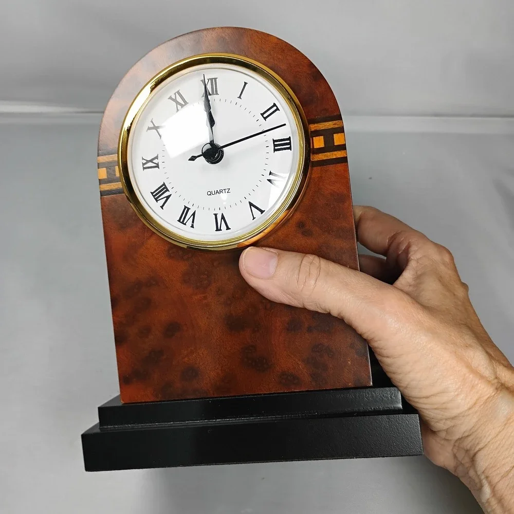 Dayton Hudson Corp Deco Wooden Clock Semi Circular Art Hand Inlaid Design Quartz